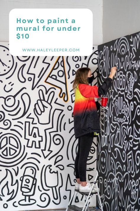 Mural Background Ideas, Sharpie Wall Design, Wall Paint Designs Graffiti, Gym Mural Wall Art Graffiti, Diy Abstract Wall Mural Ideas, Cricut Wall Mural, Doodle Mural Wall Drawing, Easy Wall Murals Painted Diy Fun, Basement Mural Ideas