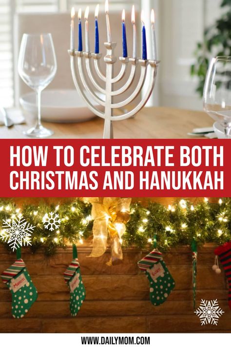 There are many ways to celebrate both holidays in your household so follow along to find fun ways to celebrate both Christmas and Hanukkah through Food, Fun, and Décor.#holidays #christmas #hanukkah Hannukah Christmas Tree, Christmas Hanukkah Decorations, Hanukkah Christmas Decorations, Christmakkah Decorations, Chrismakkah Decor, Interfaith Holiday Decor, Hannukah Party Food, Jewish Christmas Decorations, Decorating For Hanukkah