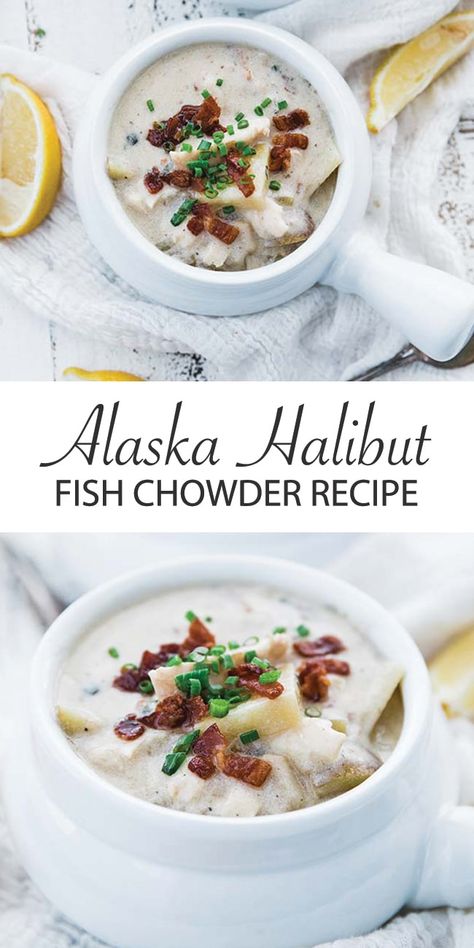 Halibut Chowder, Fish Chowder Recipe, Potatoes Crispy, Cod Fish Recipes, Broth Soup, Halibut Fishing, Yukon Potatoes, Fish Chowder, Halibut Recipes