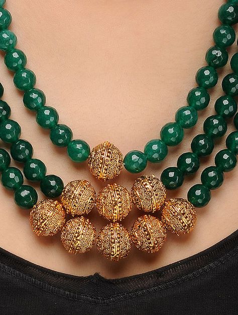 Buy Green Gold Tone Jade Necklace Online at Jaypore.com Ruby Jewelry Necklaces, Pearl Neck, Jade Bead Necklace, Antique Gold Jewelry Indian, Fancy Jewelry Necklace, Gold Necklace Indian, Pearl Necklace Designs, Gold Necklace Indian Bridal Jewelry, Gold Jewelry Stores