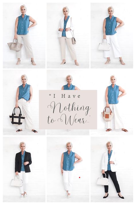 “I Have NOTHING to Wear…” Sleeveless Chambray Shirt - Midlife Posh Closet Chambray Shirt Outfit Summer, Chambray Shirt Outfits, Beige Linen Pants, Shop Your Closet, I Have Nothing To Wear, Shirt Outfit Summer, Sleeveless Chambray, Blazers Shoes, Black Ankle Pants