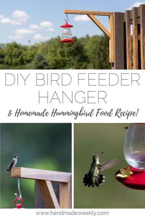 DIY Bird Feeder Holder and Homemade Hummingbird Food Recipe | The Ultimate Pinterest Party Week 260 Wooden Bird Feeder Stand, Deck Bird Feeder Ideas, Hummingbird Food Recipe, Porch Projects, Homemade Hummingbird Food, Bird Feeder Hangers, Farm Property, Creative Ideas To Make, Hummingbird Food