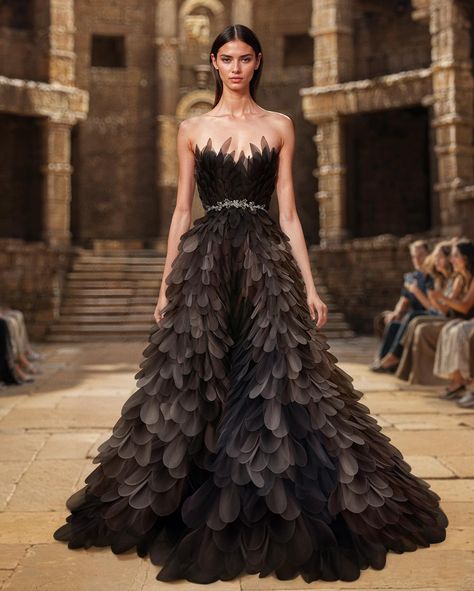 The couture fall/winter strapless black layered organza dress is a tribute to timeless elegance. It features a strapless bodice made from delicate layers of black and grey organza, with a short skirt flowing gracefully in layers, creating a mesmerizing silhouette that exudes ethereal beauty with every step. #saiidkobeisy #hautecouture #FW2425 Saiid Kobeisy Couture, Saiid Kobeisy, Elegant Gowns, Bright Fashion, Fashion Gowns, Dream Dresses, Organza Dress, Couture Details, Fall Winter 2024