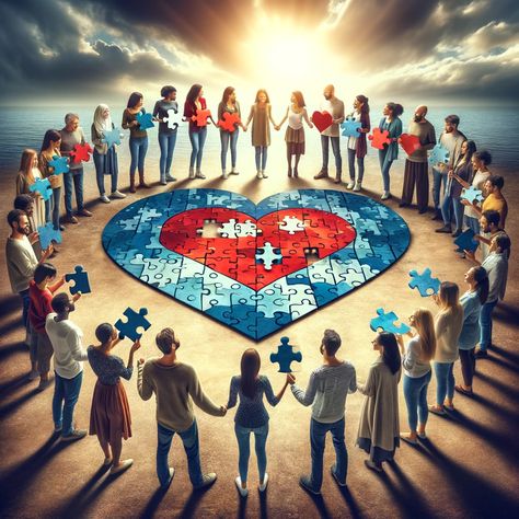 A diverse group of people standing together in unity, each holding a piece of a puzzle that together forms a heart shape. The setting is outdoors, under a bright sky, symbolizing hope and community spirit. This image represents the idea that when we come together, sharing our unique pieces, we complete each other and create a beautiful picture of unity and love. The people are smiling, engaged... Love Others Wallpaper, Diverse Group Of People, Community Love, Love Each Other Bible, Unity Pictures, Worship Images, Community Picture, Hope Painting, Together We Stand