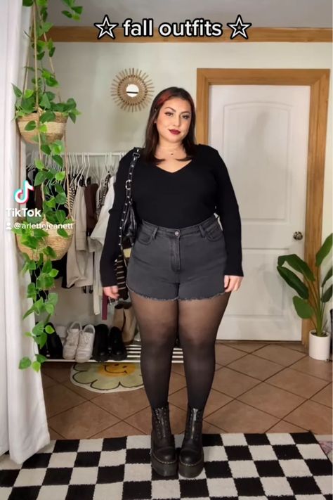 @arlenett_ on LTK Sheer Tights With Shorts Outfit, Plus Size Shorts With Tights Outfit, Plus Size Stockings Outfits, Black Tights Outfit Plus Size, Fall Concert Outfit Plus Size, Shorts And Stockings, Sheer Black Pantyhose Outfit, Shorts And Tights Outfit, Grunge Outfits Plus Size