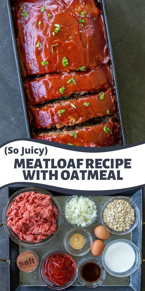 This meatloaf with oatmeal is sure to become a family-favorite. Made with onions, ground beef, and simple spices, it’s hearty, wholesome, and so comforting. Meatloaf With Oats, Recipe With Oatmeal, Meatloaf Oatmeal Recipe, Meatloaf With Oatmeal, Ground Beef Meatloaf, Beef Meatloaf Recipes, Meatloaf Recipes Healthy, Healthy Meatloaf, Beef Meatloaf