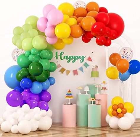 RUBFAC Rainbow Balloons Garland Arch Kit, 129pcs 12 Assorted Color Balloons Colorful Party Balloons for Birthday Party Baby Shower Decoration Rainbow Theme Party Decorations, Rainbow Balloon Arch, Rainbow Theme Party, Colorful Birthday Party, Balloon Stands, Balloon Ribbon, Balloon Kit, Garland Arch, Rainbow Balloons