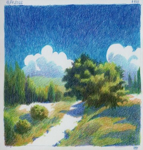 Illustration Art Colored Pencil, Painting With Colour Pencil, Color Pencil Watercolor, Acrylic Paint And Colored Pencil, Landscape Sketch Color Pencil, Colour Pencil Drawing Reference, Acrylic And Colored Pencil, Colored Pencil Buildings, Impressionism Colored Pencil