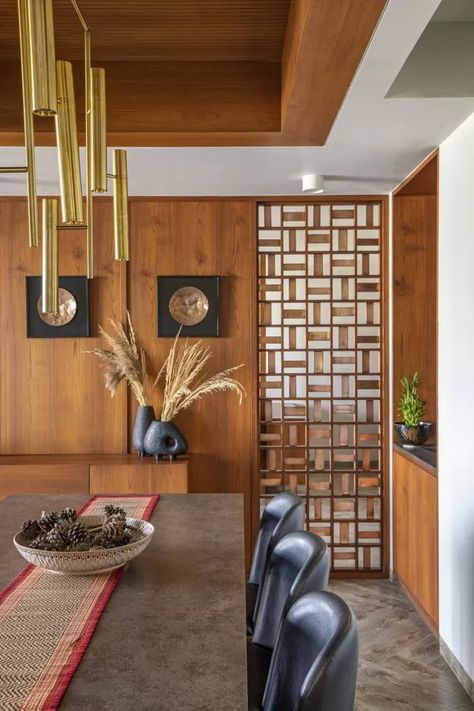 A Narrative Of An Intricate Balance Between Aesthetics And Functionality | Studio Yamini - The Architects Diary Architect Diary, Kitchen Partition Ideas, Dining Partition, Indian Bedroom Design, Indian Bedroom, The Penthouse, Modern Sofa Designs, Cosy Spaces, College Design