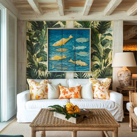 Old Florida Decor Interior Design, Hampton Living Room Ideas, Florida Lake House, Old Florida Decor, Tropical Living Room Ideas, Coastal Modern Living Room, Old Florida Style, Hamptons Living Room, Tropical Living Room