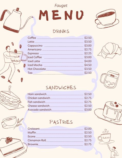 A cute beige and lavender menu for a coffee shop with hand-drawn illustrations. Cafe Menu Illustration, Cute Cafe Menu Design, Canva Menu Design, Coffee Menu Aesthetic, Menu Illustration Design, Cafe Menu Design Layout, Coffee Shop Menu Ideas, Coffee Shop Graphic Design, Matcha Corner