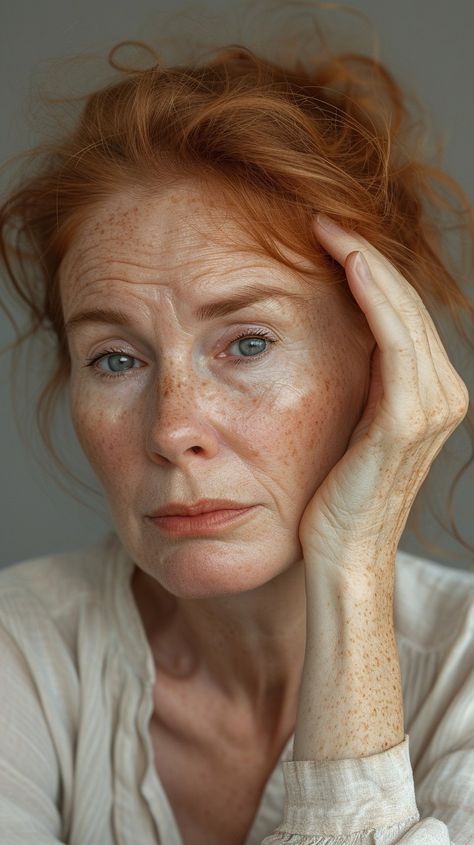 Pensive Freckled Woman: A thoughtful woman with striking red hair and freckles appears contemplative in a serene setting. #woman #freckles #redhair #thoughtful #introspection #portrait #natural #serene #aiart #aiphoto #stockcake https://ayr.app/l/fDP6 Old Red Head Woman, Ugly Red Head, Interesting Faces Woman, Natural Ginger Hair, Red Hair Pale Skin, Red Hair And Freckles, Older Woman Portrait, Freckle Photography, Red Hair Freckles