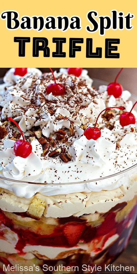 Banana Split Trifle, Banana Split Dessert Recipes, Trifle Bowl Recipes, Trifle Dessert Recipes, Banana Split Cake, Bbq Desserts, Banana Split Dessert, Trifle Pudding, Trifle Dish