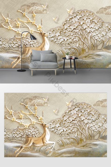 Modern 3d three-dimensional relief tree bird golden deer TV background wall#pikbest# 3d Wallpaper Designs For Walls, 3d Wallpaper Design, Golden Deer, Butterfly Stencil, Wallpaper Interior, Nice Ideas, Tv Background, Wall Decor Design, Home Design Living Room