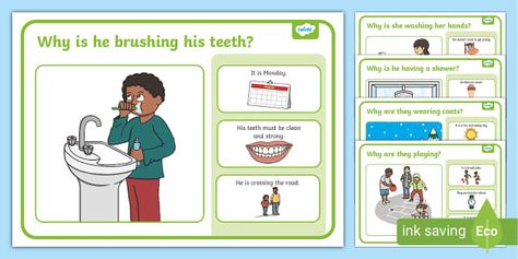 This set is aimed to support and develop the use and understanding of the question word ‘why’. The questions are designed to address everyday school-based situations that students might be familiar with. The pictures and answers also aim to support and develop making inferences by showing the part of the picture that is important to be able to answer the question. This set is intended to support students with varying abilities, for example students learning why/because sentences, students with Wh Questions Kids, Young Toddler Activities, Expressive Language Activities, Speech Therapy Activities Preschool, Speech Therapy Worksheets, Picture Comprehension, Why Questions, Language Therapy Activities, Kindergarten Reading Worksheets