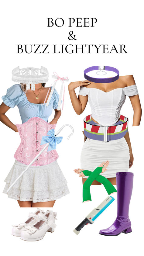 A Bo Peep and Buzz Lightyear-inspired duo costume featuring a lace skirt, pink corset, bonnet, shepherd's crook, white heels for Bo Peep, and an off-shoulder white dress, purple boots, and laser blaster for Buzz Lightyear. Perfect Halloween costume for best friends. Halloween Toy Story Costumes, Little Bo Peep Costume Couple, Buzz Toy Story Costume, Woody And Bo Peep Halloween, Female Buzz Lightyear Costume, Little Bo Peep Toy Story, Bo Peep Diy Costume, Woody And Buzz Costume Best Friends, Buzz Light Year Costume Women's