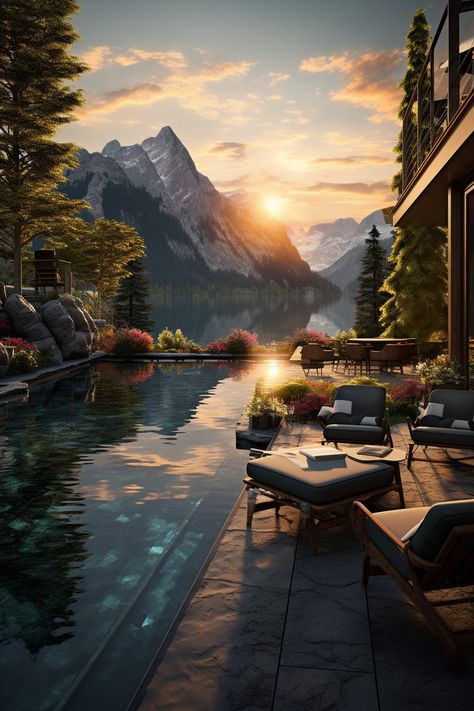 Waterfront Patio with Lush Mountain View Lakes And Mountains, Mountain Home With Pool, Homes With Views, Mountain View House, Mountain Lake House, Mountain View Home, Mountain Dream Homes, Lush Landscape, Mountain Vacation