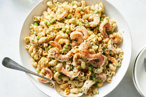 Old Bay Shrimp and Macaroni Salad Recipe Shrimp Macaroni Salad, Pasta Peas, Old Bay Shrimp, Shrimp Tacos Easy, Food Seafood, Salmon And Shrimp, Macaroni Salad Recipe, Roasted Chicken Thighs, Lime Shrimp