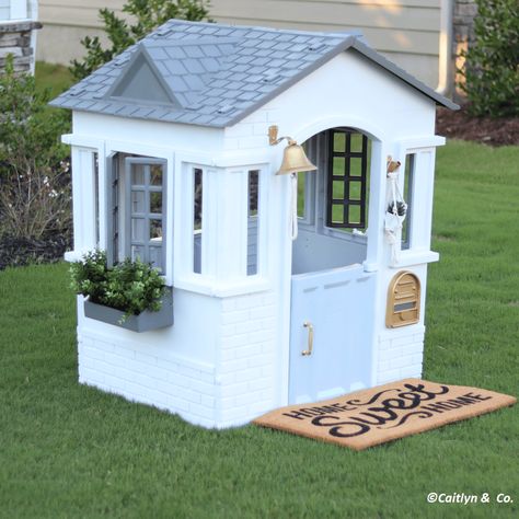 Little Tikes Cottage Makeover, Little Tikes Cape Cottage Makeover, Playhouse Makeover Little Tikes, Cottage Playhouse Makeover, Playhouse Upgrade, Plastic Playhouse Makeover, Little Tikes Playhouse Makeover, Kids Playhouse Makeover, Diy Playhouse Makeover