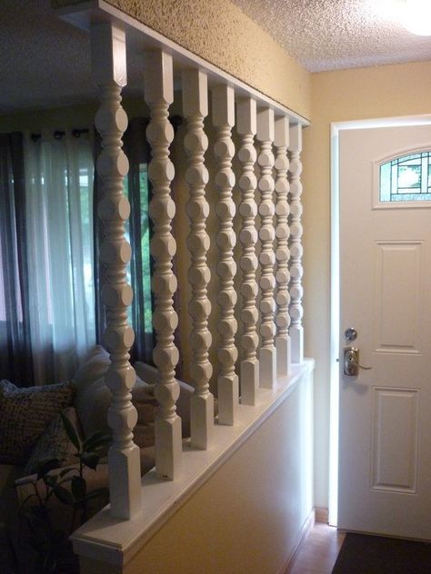 Update Spindle Half Wall, 70s House Remodel, Half Wall Ideas, Decorative Post, Easy Diy Home Improvement, 70s House, House Makeovers, Knee Wall, Pony Wall