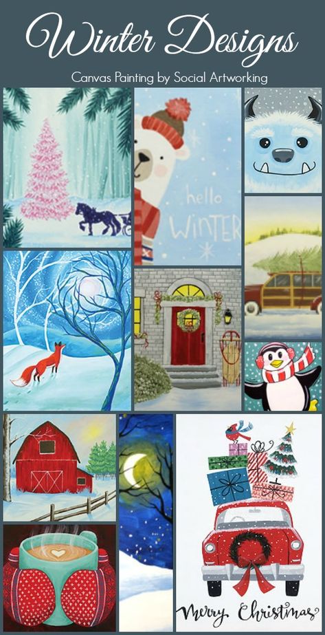 Winter Canvas Painting, Diy Christmas Canvas, Social Artworking, Diy Christmas Paintings, Winter Designs, Painting Parties, Christmas Canvas Art, Canvas Painting Tutorials, Family Painting