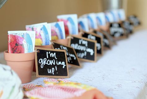 Kids Garden Party Growing Up Favors: I went for a more rustic yet girly feel and decorated with galvanized watering cans accompanied by lace and pink accents and plenty of flowers. For food, we put together “ants on a log” and caterpillar skewers made of green grapes — perfect for both the kids and adults. For party favors, we chose bamboo butterfly nets and mini clay pots, both from the dollar store, filled with flower seed packets and labeled “I’m GROWing Up!” Kids Gardening Party, Garden Party Favors, Kindergarten Party, Flower Birthday Party, Garden Party Birthday, Party Favors For Kids Birthday, Garden Birthday, Flower Party, Garden Parties