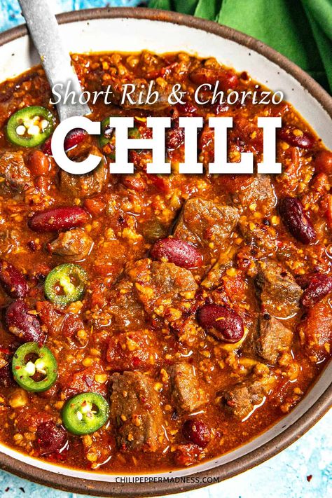 Chilli Recipe Unique, Birria Chili Recipe, Short Rib Chili Recipe, 5 Star Chili Recipes, Best Unique Chili Recipe, Thick Spicy Chili Recipe, Chili Meat Recipes, Unique Chili Ideas, Creative Chili Recipes