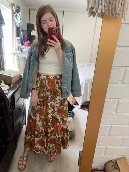 Floral maxi skirt with white crop tank from Amazon and oversized denim jacket Maxi Skirt Denim, Denim Crop Jacket, International Fashion Designers, Maxi Skirt Style, White Crop Tank, Skirt Denim, Floral Maxi Skirt, Oversized Denim Jacket, Skirt Style