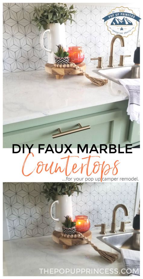 Learn how to create realistic faux marble countertops for your pop up camper makeover. It's cheap, easy, and has the look of real marble without the unneccesary added weight. Camper Countertop Ideas, Camper Countertops Diy, Rv Countertop Remodel, Pop Up Camper Countertops, Camper Countertop Redo, Rv Countertop Redo, Pop Up Camper Countertop Redo, Countertop Redo Cheap, Replacing Rv Countertops