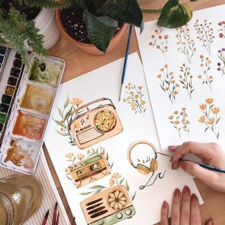 Rosa F (@rosies.sketchbook) • Instagram photos and videos Headphones Vintage, Wildflower Art, Retro Illustrations, Gouache Art, Shop Art Prints, Art Diary, Flower Doodles, Watercolor Sketch, Retro Illustration