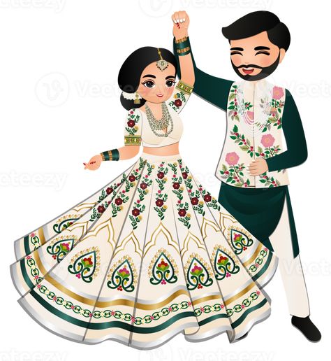 Cute couple dance in traditional indian dress cartoon characters bride and groom Mehndi Cartoon, Wedding Couple Cartoon Marriage, Bride Groom Caricature, Wedding Cartoon Couple, Cute Couple Dance, Eid Cartoon, Shadi Pic, Bride And Groom Illustration, Haldi Platter