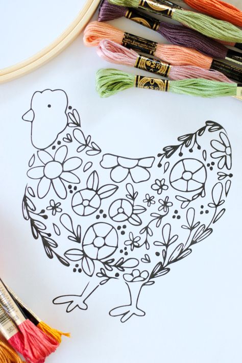 Hand Embroidery Drawing Designs, Free Chicken Embroidery Patterns, Embroidered Chicken Pattern, Embroidery Chicken Patterns, Line Art For Embroidery, Rooster Embroidery Pattern, Chicken Hand Embroidery, Chicken Embroidery Patterns Free, Quilt Embroidery Designs