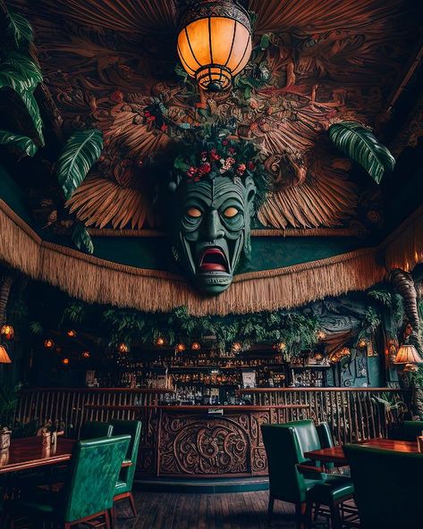 230104 - enchanted tiki bar, maximalist; set in #midjourney . in a corner of the jungle, hidden away lies a tiki bar, enchanted and wild.… | Instagram Jungle Tiki Bar, Zen Bar Design, Dark Bar Design, Jungle Bar Design, Dark Tiki Aesthetic, Garden Tiki Bar, Tiki Aesthetic, Tiki Bar Ideas, Tiki Wallpaper