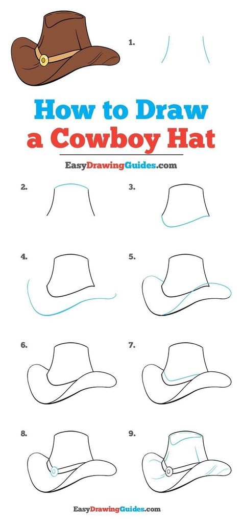 Draw A Cowboy Hat, Cowboy Hat Drawing, Cowboy Draw, Hat Drawing, Sketch Note, Drawing Tutorials For Kids, Hat Tutorial, Trendy Hat, Drawing Tutorial Easy