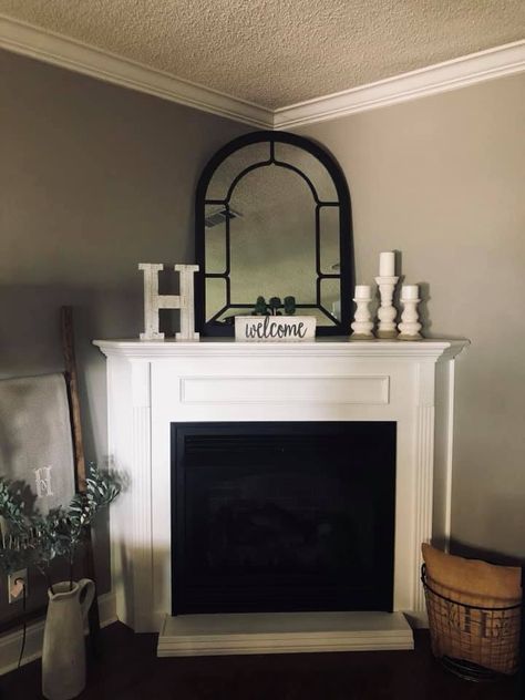 How To Style A Corner Fireplace Mantel, Over Corner Fireplace Decor Ideas, Above Corner Fireplace Decor, How To Decorate A Corner Fireplace Mantel, Deep Corner Fireplace Mantle Decor, Corner Fireplace Mantel Decorating Ideas, Corner Fireplace Mantle Decor Ideas, Triangular Fireplace, How To Decorate A Corner Fireplace