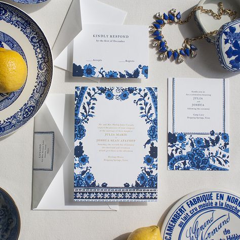 Ginger Jar Invitation, Blue And White Wedding Stationary, Blue Toile Invitations, Mediterranean Wedding Invitations, Chinese Wedding Invitation Blue, Blue And White Floral Wedding Invitation, Luxe Wedding Invitations, Letterpress Wedding Stationery, Mediterranean Wedding