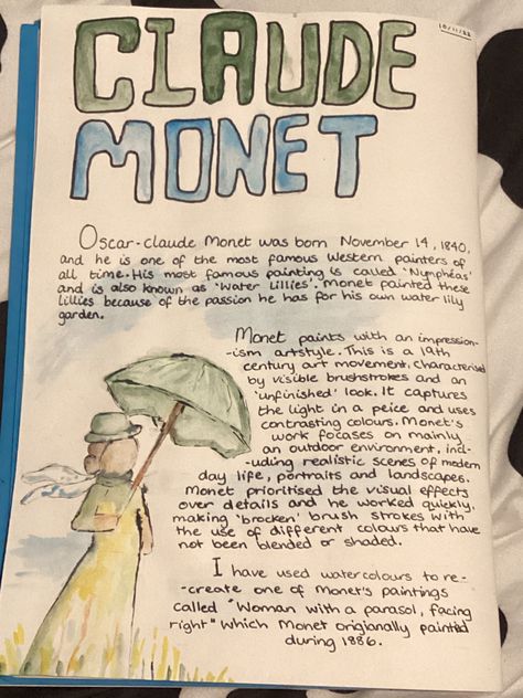 Claude Monet Inspired Art, Artist Influence Page, Claude Monet Gcse Sketchbook, Gcse Art Artist Research Page Claude Monet, Monet Artist Research Page Gcse, Claude Monet Artist Research Gcse, Claude Monet Research Page, Monet Artist Research Page, Artist Copy Gcse