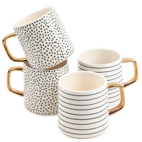 Thyme & Table Drinkware Dot & Stripe Black & White Assorted Stoneware Mugs, 4 Pack Black Dinnerware, Walmart Finds, White Mugs, Snack Bowls, Stoneware Mugs, Kitchen Items, Kitchen Stuff, Dinnerware Set, Kitchen Essentials