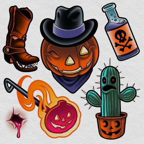 Traditional Tattoo Halloween, Kawaii Halloween Stickers, Halloween Tattoo Flash, Icon Tattoo, Halloween Flash, Pumpkin Tattoo, Autumn Tattoo, Z Tattoo, Flash Tattoo Designs