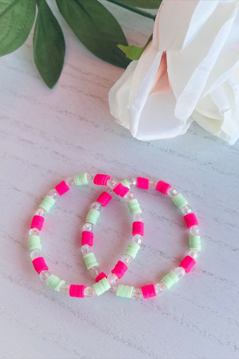 Clay Bead Bracelet Ideas Hot Pink, Spring Bracelets Clay Beads, Holiday Heishi Bracelets, Clay Bead Bracelet Ideas Valentines, Spring Clay Bead Bracelets, Pastel Clay Bead Bracelet, Cheap Pink Polymer Clay Beaded Bracelets, Pink And Green Clay Bead Bracelet, Clay Bracelet Patterns