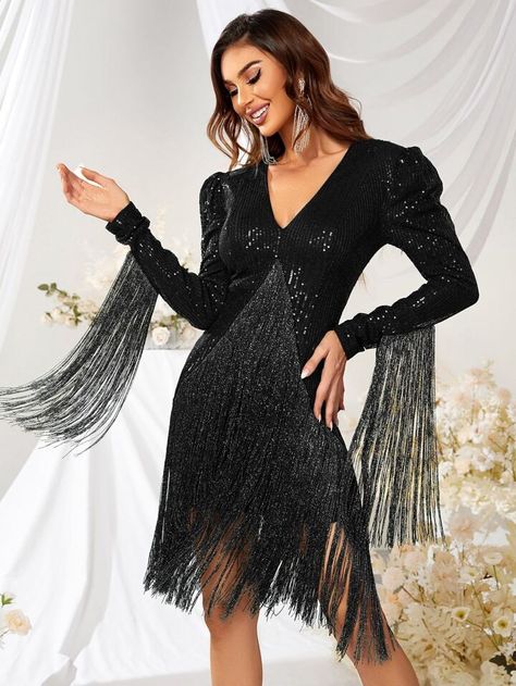 Free Returns ✓ Free Shipping✓. Giffniseti Fringe Trim Puff Sleeve Sequin Dress- Women Party Dresses at SHEIN. Seductive Style, Tail Dress, Stunning Prom Dresses, Long Sleeve Prom, Dress Sequin, Sequin Bodycon Dress, Tassel Dress, Dress Stores Online, Womens Cocktail Dresses