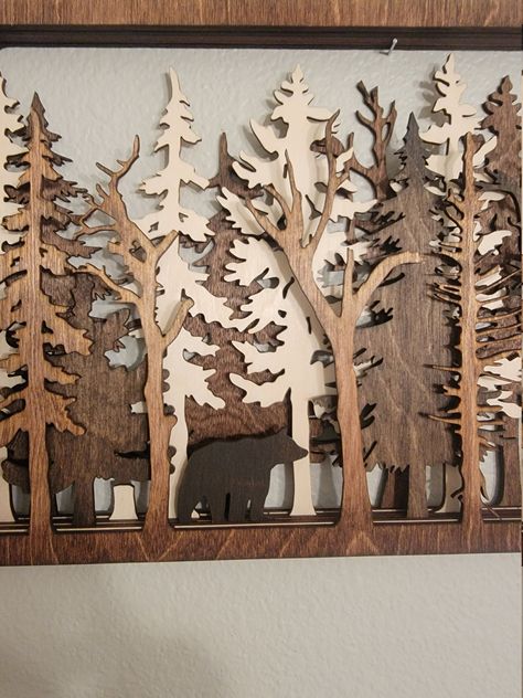 An open back design allows beautiful tree like shadows to appear on your wall behind it. The measurements for are : Extra Small - 8" x 5" Small - 17.75 x 10.75" Medium - 19" x 12" Large - 23.75" x 14.25" Other animals available on request. This is laser cut, multilayer wood art. It's made with Baltic Birch and each layer is stained a different color. It is 7 layers and each layer is 1/8". There is a Sawtooth mount on back. This is made to order, so please allow 5 days for us to make it before we 75 Medium, 7 Layer, Cottage Cabin, Forest Nature, Into The Wild, Fireplace Mantel, The Wild, Fireplace, Trees