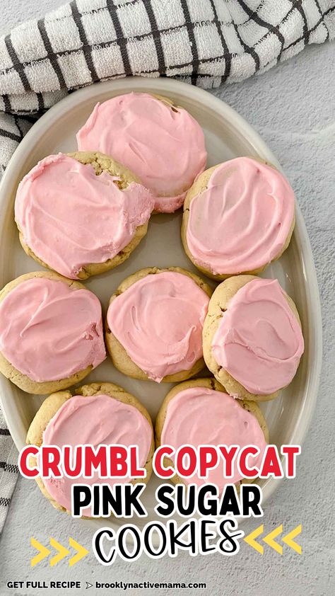 Copycat Sugar Cookies, Pink Sugar Cookie Recipe, Crumbl Sugar Cookies, Pink Sugar Cookies, Gingersnap Cookies Chewy, Almond Icing, Crumble Cookie Recipe, Cookie Icing Recipe, Crumble Cookie