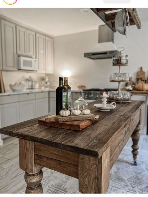 Kitchen Island Table With Drawers, Reclaimed Wood Kitchen Table, Tables As Kitchen Islands, Small Rustic Kitchen Tables, Island Height Table, Antique Wood Island, Antique Table Island, Kitchen Table As An Island, Farmhouse Table Island