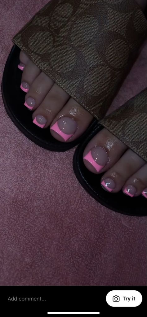 Cute French Pedicure, Pedicure Small Nails, Pink French Tip Nails Pedicure, Pink Acrylic Toes French Tip, Toes Ideas Pedicures, Acrylic Pedicure Ideas, Pink Tip Toe Nails, Pink Toes French Tip, Pretty Toe Nails Pedicures