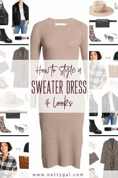 Knit Sweater Dress Outfit, Gray Sweater Dress Outfit, Sweater Dress Outfit Fall, Style A Sweater Dress, Black Sweater Dress Outfit, Camel Sweater Dress, Sweater Dress Outfit Winter, Sweater Over Dress, Knitted Dress Outfit