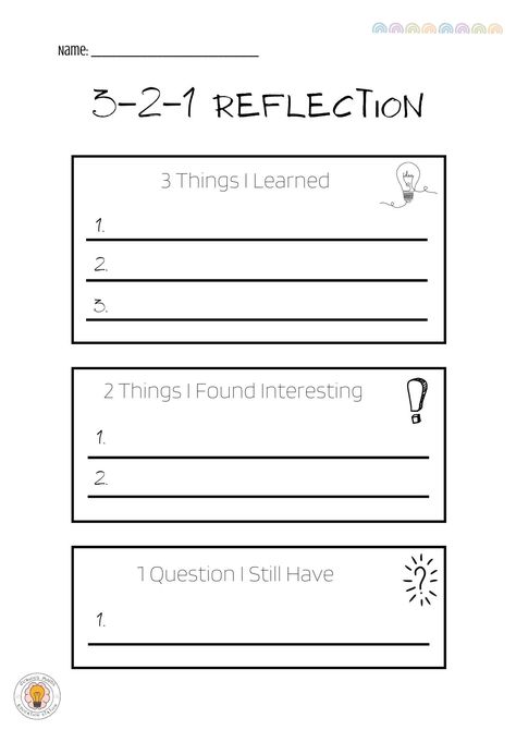 321 Reflections are designed to help students begin to reflect on their own learning and comprehension. This sheet is designed to help provide students with the structure to complete a 321 Reflection. This strategy for critical thinking can help empower students to reflect more naturally using a growth mindset. Teachers and parents may also find this sheet useful to reflect on areas that may need to be reviewed or to be used as discussion prompts. Self Reflection For Students, Student Reflection On Learning, Reflection Sheets For Students, Reflection Activities For Adults, Reflection For Students, Student Self Reflection, Preschool Jobs, Growth Mindset Teachers, Reflection Worksheet