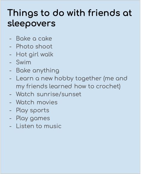 ideas when you can't find anything to do. All of these can be really fun activities and can make great memories with friends and even family. Baking,summer,photo shoot,swimming, spring, fall, hobby, crochet, movies, halmark movies, sports Fun Places To Go With Friends Things To Do, Best Friend Hang Out Ideas, Things To Do On A Saturday, Hang Out Ideas With Friends List, Activities For Sleepovers, Where To Go With Friends, Things To Do With Your Best Friend, Fun Things To Do With Friends, Hang Out Ideas