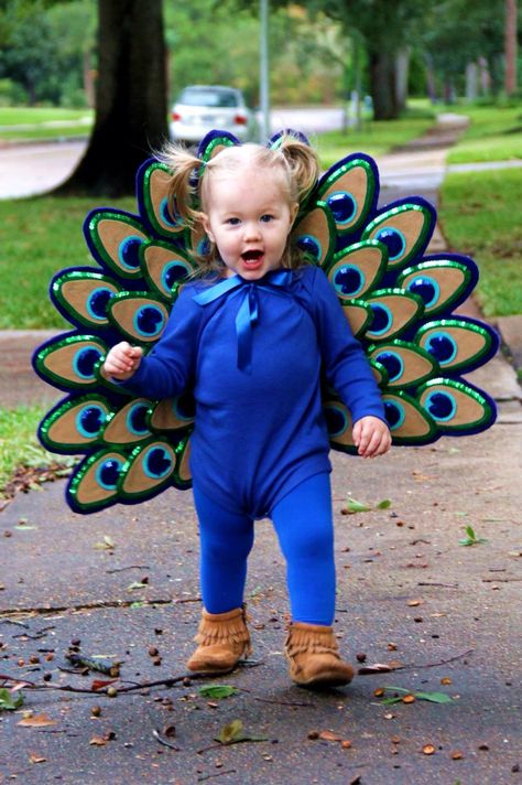 Toddler Peacock Costume. The fabric is craft felt that I purchased by the yard. There are 2 layers of the dark blue felt with peltex interfacing sandwiched in between so it stands up. The “eyes” of the feathers are also felt with pre strung sequins glued around them. Everything was hot glued together. After I had it all glued together I held it up to my daughter to get the placement of the straps. I cut 4 slits just through the front felt piece and peltex then ran ribbon through the slits. Toddler Peacock Costume, Halloween Costume Toddler Girl, Peacock Costume, Costume Carnaval, Toddler Girl Halloween, Kids Costumes Girls, Baby Kostüm