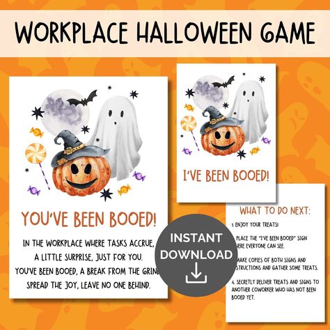 "Are you ready for some Halloween office fun?? It is that time of year to BOO your coworkers! If you have every been Booed by a neighbor, then you know how much fun it can be to find that surprise basket on your porch. This version is designed to be used in a workplace setting instead. It would be great for an office, hospital, school, etc. This You've Been Booed printable boo kit has just about everything you need for this fun Halloween tradition. All you need to supply is the treats! What's included: - \"You've Been Booed\" 5x7 sign with original poem - \"I've Been Booed\" 5x7 sign for your coworker to hang on their desk or door or in their window. - 5x7 instruction card for your neighbor - printing instructions and information INSTANT DOWNLOAD PDF File for easy home printing. PLEASE NOT Booed Halloween Ideas Work, Boo Ideas For Work, Youve Been Booed Office Version, You’ve Been Booed Ideas School, You Been Booed Ideas, Boo Basket Ideas For Coworkers, Halloween Work Ideas, Been Booed Ideas, Surprise Basket